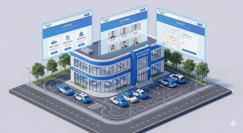 3D isometric illustration of a modern driving school building with floating website screens showing different pages